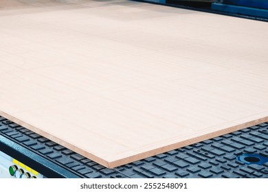 An industrial machine in a factory cuts and applies patterns to wooden panels for furniture production - Powered by Shutterstock