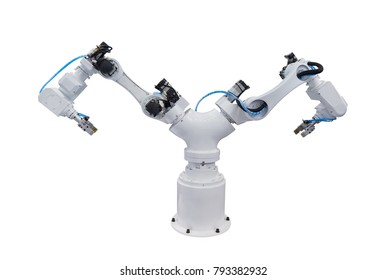 Industrial Machine And Factory Robot Arm Isolated On White,Smart Factory Industry 4.0 Concept