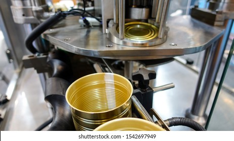 Industrial Machine Used In Canning Production. A Close-up View.