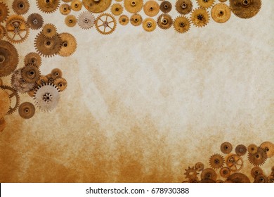 Industrial machinery template, cogs gears on aged textured paper manuscript. Steampunk ornament vintage paper sheet