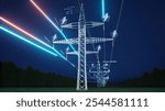 Industrial metal power tower with high voltage current flowing through wires over sky horizon, AR data. Infrastructure enabling distribution of electricity, 3d render animation timelapse