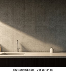 Industrial and minimalist kitchen, sunlight hitting the sink, with a vase on top of it. Image for background. - Powered by Shutterstock