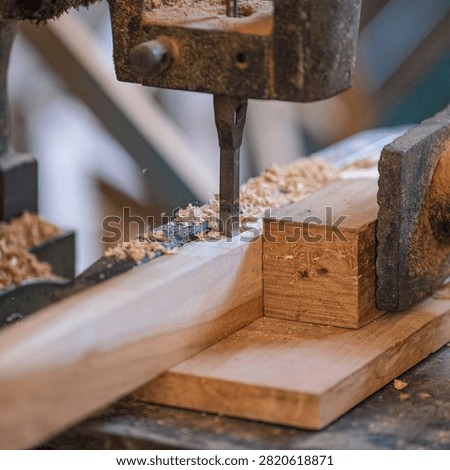 Industrial mortising machine cutting a precise mortise joint into solid hardwood during furniture manufacturing. Close-up of woodworking machinery used in professional carpentry and joinery production.
