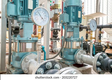 Industrial Motor Pump With Pressure Gauges In Factory