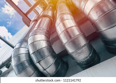 Industrial Pipe. Group of Factory Heat Pipe Water Chilling Air Ventilation transfer metal pipelines between building
