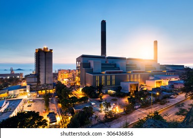 Industrial Plant In Hong Kong During Sunset