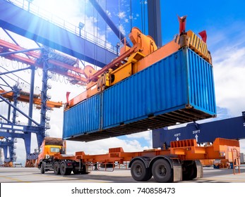 Industrial port crane lift up loading export containers box onboard from truck at port of Thailand,The port crane type's twinlift is the best solution for port operations.