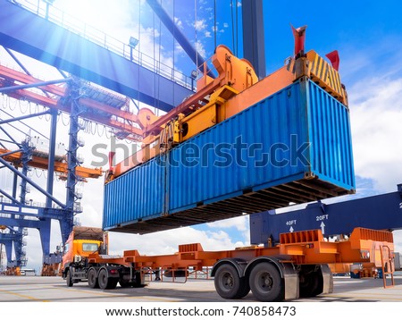 Industrial port crane lift up loading export containers box onboard from truck at port of Thailand,The port crane type's twinlift is the best solution for port operations.