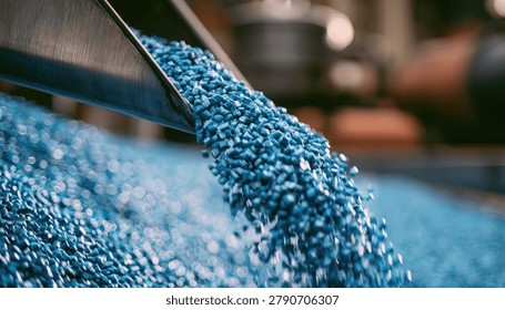 Industrial process of plastic pellets being manufactured and processed, highlighting the raw material for plastic production.