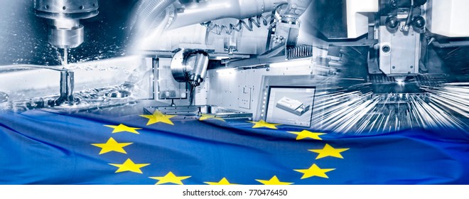 Industrial production and European flag - Shutterstock ID 770476450