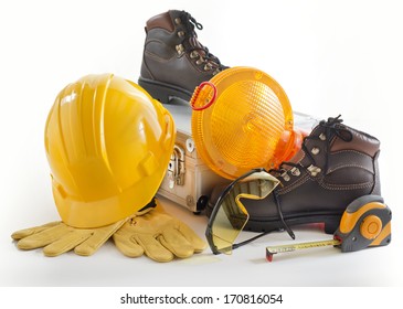 Industrial Protective Workwear. Includes Hard Hat, Gloves, Shoes, Ear Muff And Eyewear.