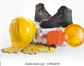 Industrial Protective Workwear. Includes Hard Hat, Gloves, Shoes, Ear Muff and Eyewear. - Shutterstock ID 170816078