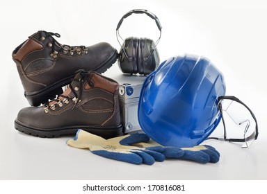 Industrial Protective Workwear. Includes Hard Hat, Gloves, Shoes, Ear Muff And Eyewear.