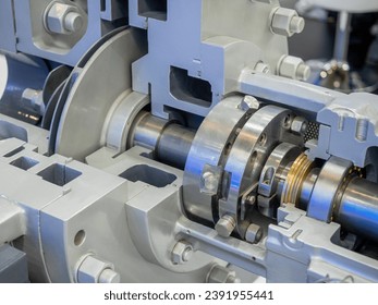Industrial pump inside view. Sectional view of production equipment. Steel and copper pump for factory. Production technologies. Pump for pumping gas. Heavy engineering concept. Industrial technology