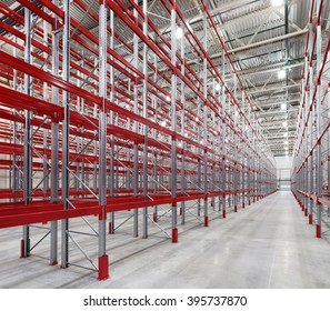  Industrial Racks Pallets Shelves In Huge Empty Warehouse Interior.  Storage Equipment.