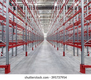  Industrial Racks Pallets Shelves In Huge Empty Warehouse Interior.  Storage Equipment.