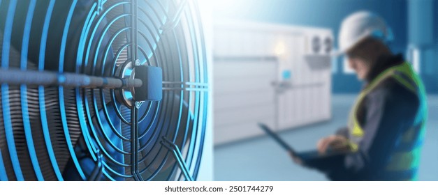 Industrial refrigeration equipment. Air conditioning unit for freezer warehouse. Man with laptop is setting up freezer. Industrial refrigeration systems. Warehouse with cooling system. Art focus