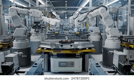 Industrial Robot Arms Assemble Lithium-Ion EV Battery Pack. Electric Car Manufacturing Inside Automotive Smart Factory. Row of White Robotic Arms at Automated Production Line at Bright Modern Factory