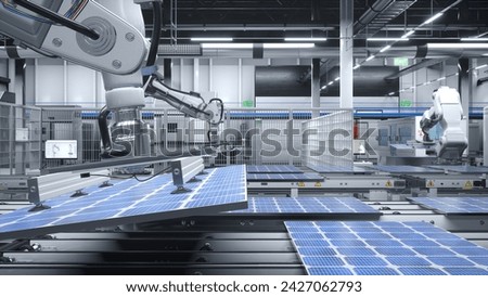 Industrial robot arms placing solar panels on large production lines in modern green energy factory. PV models being assembled on conveyor belts inside manufacturing facility, 3D render