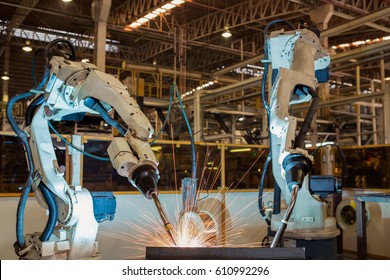 Industrial Robot Are Test Run New Program In Automotive Assembly Factory