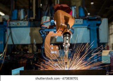 Industrial Robot Is Welding Test Run Program In Car Factory