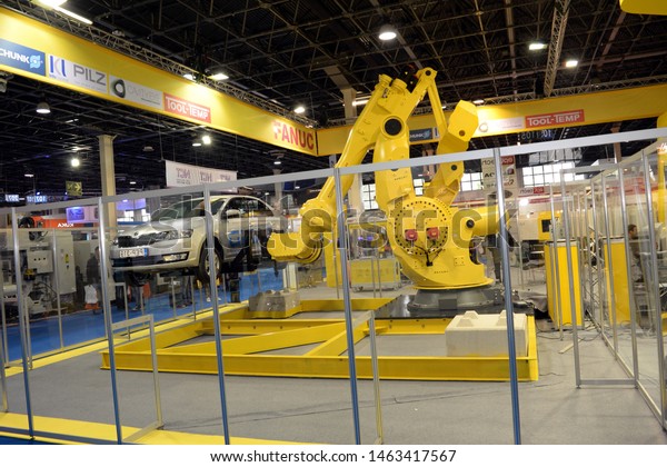 Industrial robotic machine robot(s) at MACH-TECH\
and The Days Of The Industry international exhibition 2017 at May\
09, 2017 in Budapest,\
Hungary.