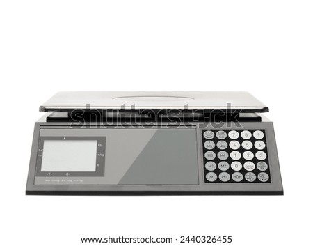 Industrial scale for weighing items and food for sale. Gray metal scales isolated on a white background.