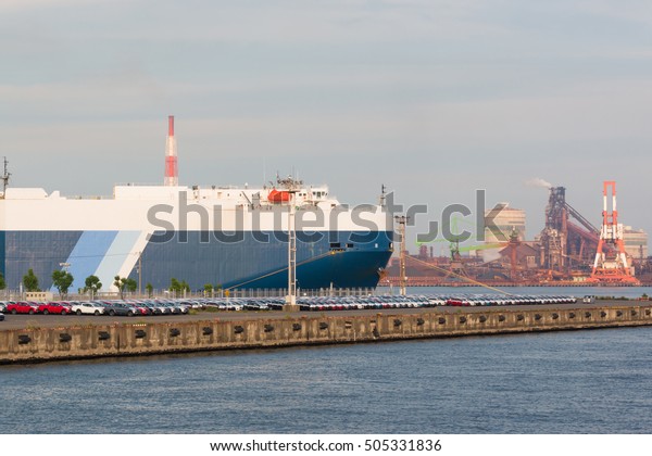 Industrial scene background. Landscape\
of industry at port. Business industries and transportation by\
ship. Cargo industry background. General cargo\
ship