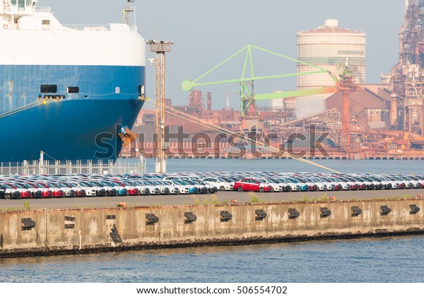 Industrial scene background. Landscape\
of industry at port. Business industries and transportation by\
ship. Cargo industry background. General cargo\
ship