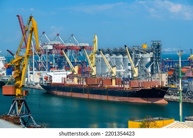 Industrial Seaport Infrastructure, Sea, Cranes And Dry Cargo Ship, Grain Silo, Bulk Carrier Vessel And Grain Storage Elevators, Concept Of Maritime Cargo Transportation