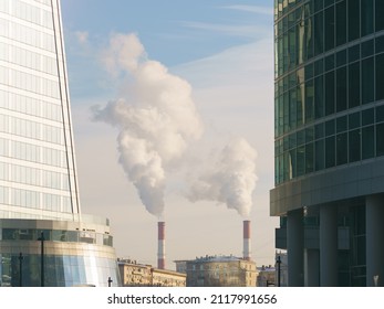 Industrial Silhouettes Of Moscow. Business  Buildings And Chimney Of The Heat Station. No People. High Angle View