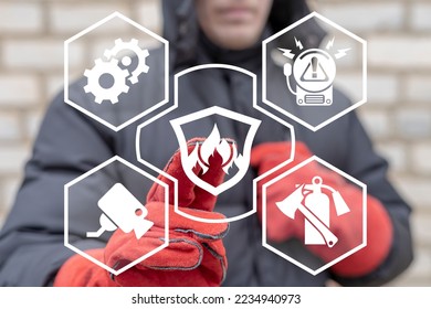 Industrial Smart Automatic Fire Control Extinguisher System. Industry engineer using virtual touchscreen presses button: shield with fire flame. Modern AI Automation Fire Protection Technology. - Shutterstock ID 2234940973