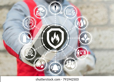 Industrial Smart Automatic Fire Control Extinguisher System. Industry Engineer Using Virtual Touchscreen Pressing Shield Fire Flame Button. Modern Fires Protection Mind Manufacturing Technology.