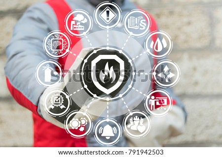 Industrial Smart Automatic Fire Control Extinguisher System. Industry engineer using virtual touchscreen pressing shield fire flame button. Modern Fires Protection Mind Manufacturing Technology.