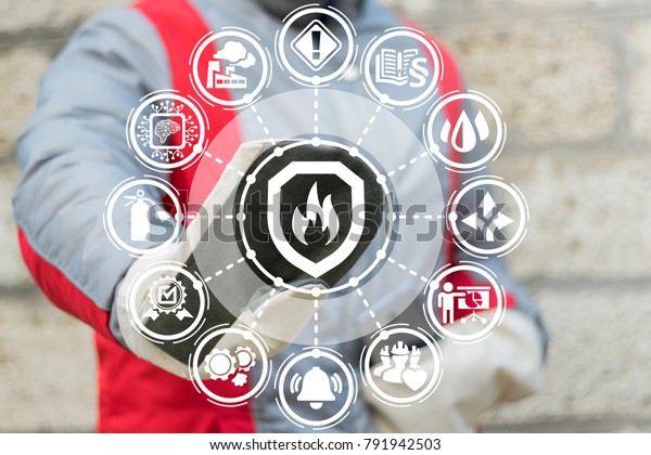 Industrial Smart Automatic Fire Control\
Extinguisher System. Industry engineer using virtual touchscreen\
pressing shield fire flame button. Modern Fires Protection Mind\
Manufacturing\
Technology.