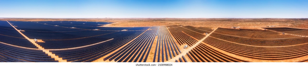 Industrial Solar Panel Farm And Power Plant Of Broken Hill Town In Australian Outback - Aerial Panorama.