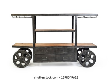 Industrial Style Auxiliary Trolleys, Kitchen Island Trolley Table Wine Rack Isolated On White Background, Clipping Path Included 