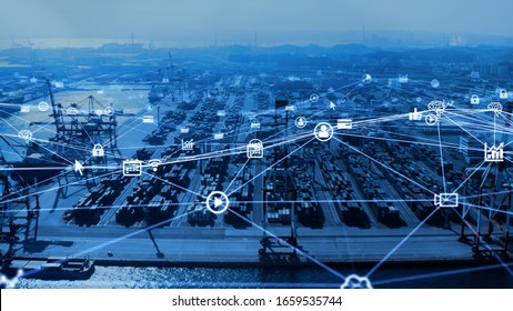 Industrial technology concept. Container terminal. Logistics. Communication network. INDUSTRY 4.0. Factory automation.