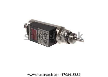 Industrial temperature sensor with display. Thread process connection and signal connection, isolated on white background 