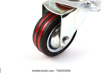 Industrial trolley single Swivel Rubber Caster Wheels with Top Plate not fixed.  The wheel have double red lines. Isolated on white background.