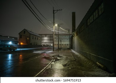 Industrial Urban Street City Night Scenery In Chicago With Snow