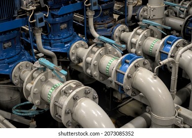 Industrial valves, pipes in modern offshore ship's engine room