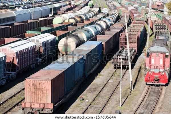 industrial view with lot of freight railway\
trains waggons