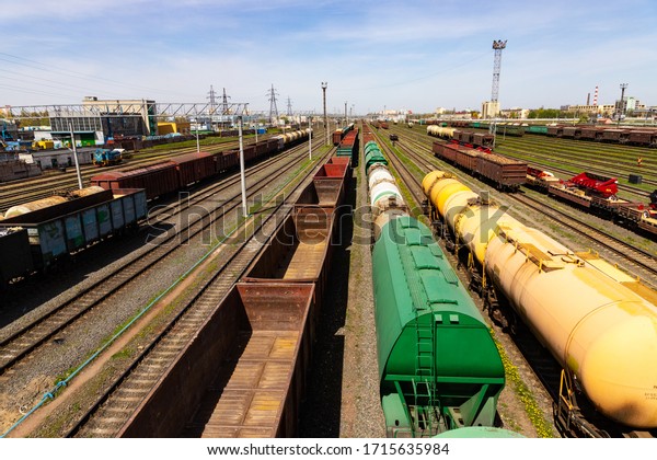 Industrial view with lot of freight railway
trains waggons