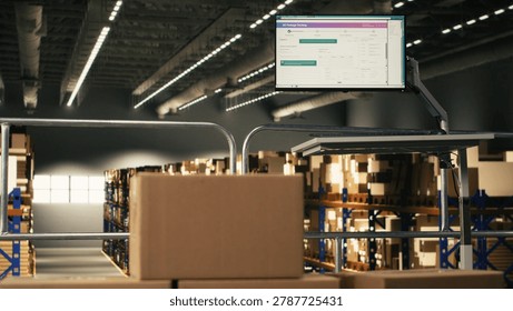Industrial warehouse with empty platform and computer showing shipment tracking, software interface includes AWB numbers for parcel status updates, order fulfillment details, cargo distribution.