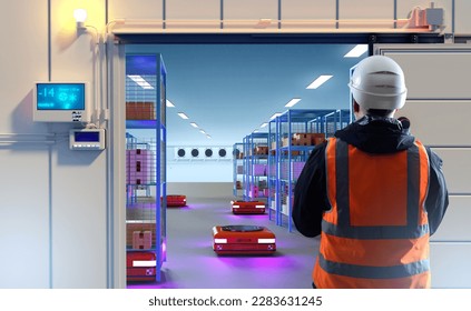 Industrial warehouse supervisor. Male storekeeper with his back to camera. Supervisor near refrigeration storage. Autonomous warehouse with robots. Male supervisor is watching agv. Robotic cold store - Powered by Shutterstock