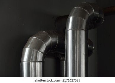 Industrial Water Treatment And Boiler Room. Shiny Steel Metal Pipes, Piping, Connections. Industry, Technology, Biotechnology, Chemistry, Heating, Work Safety, Special Equipment