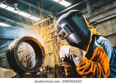 Industrial welder welding fabricated construction in factory, Welding process by Shielded Metal Arc Welding (SMAW) or Stick Welding. - Powered by Shutterstock