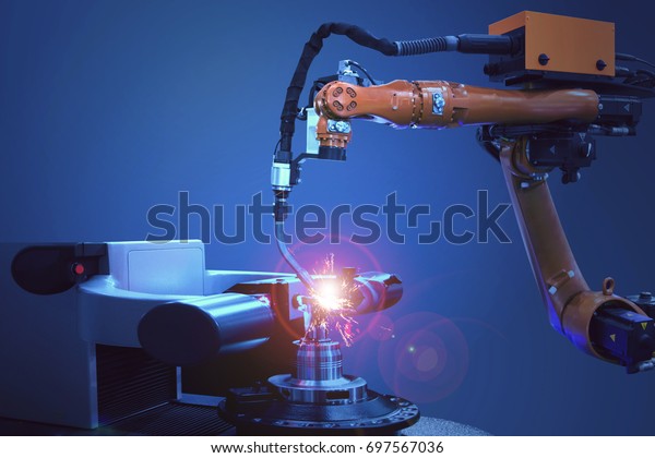 Industrial welding robots in production line\
manufacturer factory\
