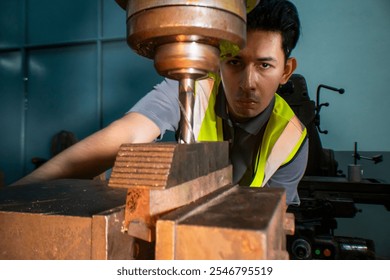 An industrial worker operating a drill press in a workshop. The focus is on the precision and concentration required to handle machinery. The worker wears a safety vest, ensuring a secure work. - Powered by Shutterstock